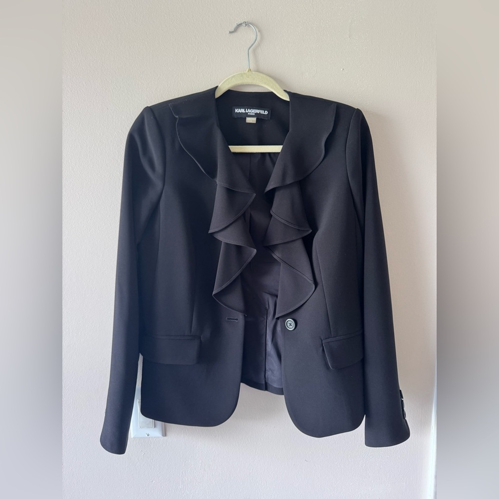 Karl Lagerfeld Black Ruffle-Front Blazer